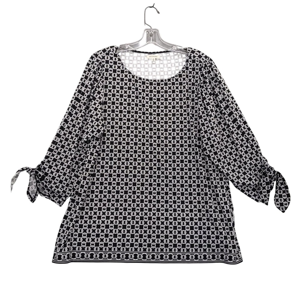 Max Studio Blouse Top Chain Print Tie Sleeve Black White Plus Size‎ 1X